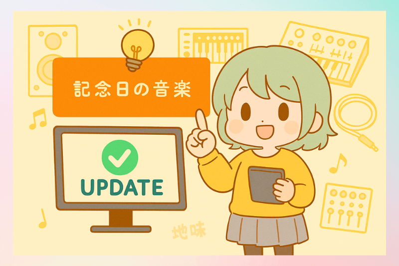 UPDATEと書かれたパソコンに指をさしてお知らせしている女の子のイラスト
