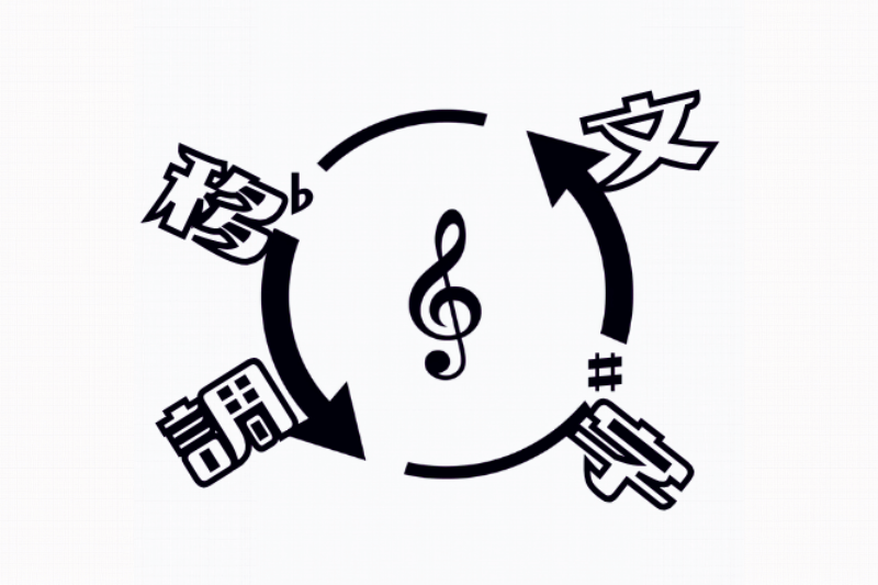 矢印の中央にト音記号、外側に文字移調と書かれたロゴ